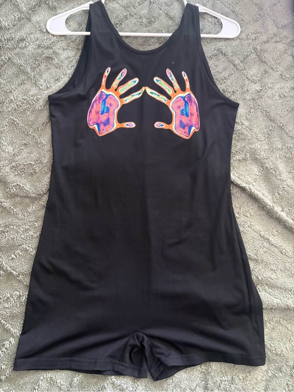 Black Sleeveless Romper with Neon Handprint Detail